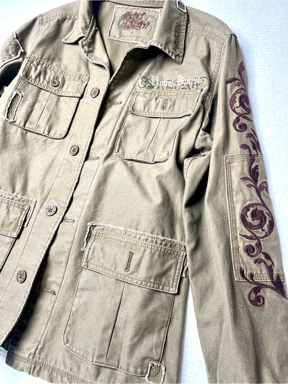 Rebel Spirit Olive Utility Jacket with Burgundy Embroidery